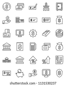 thin line vector icon set - school building vector, bank, dollar coin, gold ingot, credit card, percent growth, money bag, piggy, investment, check, medal, safe, monitor, receipt, reader, shield