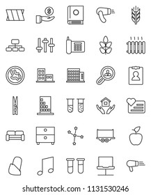 thin line vector icon set - clothespin vector, house hold, apple fruit, music, archive, constellation, investment, personal information, hierarchy, cereals, heart monitor, phone, truck trailer, vial