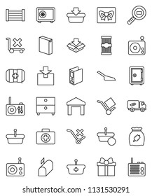 thin line vector icon set - scoop vector, washing powder, cereal, pasta, archive, binder, safe, first aid kit, wood box, cargo, no trolley, warehouse, package, search, radio, relocation truck, gift