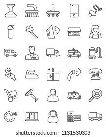 thin line vector icon set - scraper vector, vacuum cleaner, fetlock, car, iron, steaming, cleaning agent, shining window, woman, dollar cursor, phone 24, delivery, cargo search, mobile, doctor, hour