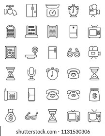 thin line vector icon set - water tap vector, washboard, glasses, alarm clock, abacus, money bag, sand, phone, big scales, tv, video camera, microphone, classic, fridge, kitchen
