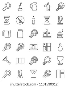 thin line vector icon set - scraper vector, shining window, oil, measuring cup, hand mill, spices, jug, jar, magnifier, no alcohol sign, glass, cargo search, flask, sand clock, potion, estate