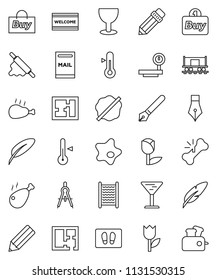 thin line vector icon set - splotch vector, welcome mat, washboard, rolling pin, thermometer, chicken leg, pen, pencil, drawing compass, Railway carriage, glass, tulip, big scales, broken bone, plan