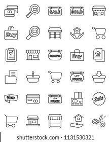 thin line vector icon set - house hold vector, cart, credit card, office, cargo search, estate document, sale signboard, rooms, sold, low price, new, market, store, buy, basket, shopping list