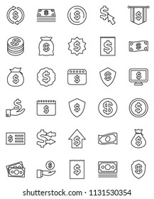 thin line vector icon set - exchange vector, dollar coin, cash, money bag, investment, growth, receipt, medal, flag, shield, calendar, monitor, cursor
