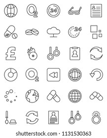 thin line vector icon set - toilet brush vector, glasses, world, personal information, pie graph, pound, pills, gymnast rings, oxygen, earth, music hit, backward button, cloud network, refresh, undo