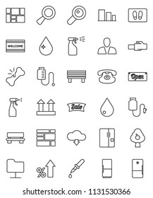 thin line vector icon set - water drop vector, welcome mat, sprayer, percent growth, consolidated cargo, top sign, sorting, classic phone, magnifier, dropper, broken bone, counter, network folder