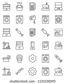 thin line vector icon set - washer vector, washing powder, double boiler, blender, tomography, gear, construction crane, card reader, dishwasher, mixer, coffee maker, sewing machine
