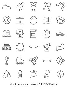 thin line vector icon set - award cup vector, target, stadium, weight, jump rope, hand trainer, punching bag, fitball, muscule, snickers, boxing glove, shorts, roller Skates, skateboard, medal, pool