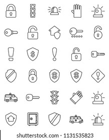 thin line vector icon set - rubber glove vector, dollar shield, safe, attention, traffic light, amkbulance car, lock, unlock, key, sign, siren, home protect, password