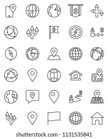 thin line vector icon set - compass vector, world, flag, dollar, route, navigator, earth, map pin, traking, internet, connection, globe, arrow, home