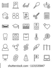 thin line vector icon set - towel vector, water closet, graduate hat, pen, glasses, certificate, presentation, molecule, money search, dollar flag, horizontal bar, breads, wood box, speaker, sperm