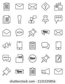 thin line vector icon set - paper pin vector, clipboard, document, loudspeaker, mobile phone, dialog, speaking man, thumbtack, mail, message, attention sign, new, open