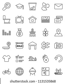 thin line vector icon set - trash bin vector, toilet, shining window, garbage pile, bbq, graduate hat, exam, exchange, credit card, money bag, bank building, bike, t shirt, cereals, breads, map pin