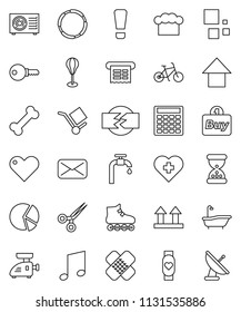 thin line vector icon set - bath vector, cook hat, music, pie graph, calculator, arrow up, bike, punching bag, roller Skates, heart monitor, cross, bone, hoop, cargo, top sign, mail, scissors, patch