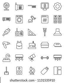 thin line vector icon set - vacuum cleaner vector, fetlock, scoop, sponge, water tap, corner ruler, backpack, telescope, monitor dollar, barbell, speaker, hdmi, crutches, microscope, gear, iron, fan