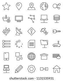thin line vector icon set - pencil vector, world, document, map pin, dry cargo, satellite antenna, satellitie, mobile phone, social media, favorites, network, notebook, folder, server, gear, menu