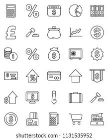 thin line vector icon set - dollar coin vector, graph, pie, cart, credit card, percent growth, money bag, case, stack, auction, check, calculator, binder, arrow up, medal, flag, tie, safe, calendar