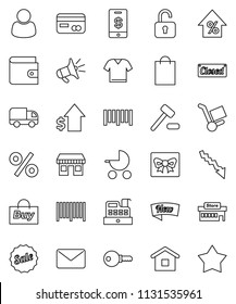 thin line vector icon set - wallet vector, crisis, percent growth, dollar, office, barcode, gift, credit card, sale, new, closed, shopping bag, mall, customer, buy, cashbox, home, auction, trolley