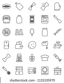 thin line vector icon set - cook hat vector, glove, skimmer, spatula, cutting board, grater, mixer, microwave oven, double boiler, spices, blender, sieve, jar, cereal, pasta, potato, cereals, bone