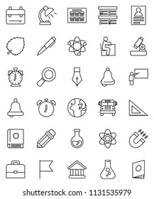 thin line vector icon set - pen vector, pencil, blackboard, corner ruler, student, case, backpack, atom, microscope, bell, table lamp, alarm clock, schedule, magnet, school bus, world, flag, flask