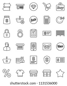 thin line vector icon set - receipt vector, gift, money bag, sale, new, 24 hour, percent, market, store, mall, support, buy, barcode, card reader, basket, shopping list, trolley, lock, check, scales