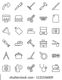 thin line vector icon set - scraper vector, rake, sponge, iron, steaming, pan, colander, cook press, meat hammer, cutting board, double boiler, blender, drawing compass, pen, scissors, measuring