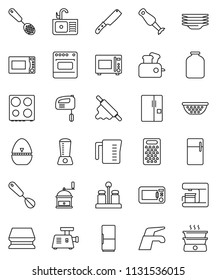 thin line vector icon set - water tap vector, sponge, plates, sink, colander, measuring cup, cook timer, whisk, skimmer, knife, rolling pin, hand mill, grater, microwave oven, spices, blender, jar