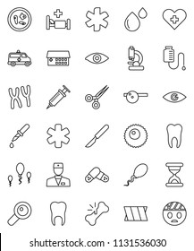 thin line vector icon set - ambulance star vector, heart cross, doctor, eye, magnifier, syringe, dropper, scissors, scalpel, broken bone, sand clock, pills, hat, microscope, microbs, chromosomes