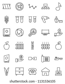 thin line vector icon set - clothespin vector, apple fruit, music, archive, constellation, investment, hierarchy, cereals, phone, truck trailer, port, vial, microbs, bandage, connection, home