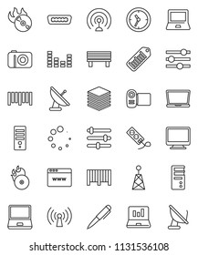 thin line vector icon set - pen vector, notebook pc, laptop graph, clock, barcode, music hit, antenna, equalizer, hdmi, big data, browser, bench, loading, wireless, monitor, camera, video, computer