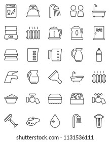 thin line vector icon set - scraper vector, water tap, sponge, drop, bath, foam basin, shower, closet, kettle, measuring cup, double boiler, jug, bottle, pond, heating, dishwasher, filter