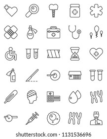 thin line vector icon set - doctor bag vector, ambulance star, disabled, heart cross, thermometer, vial, magnifier, insemination, syringe, scalpel, sand clock, patch, stethoscope, pills bottle, head