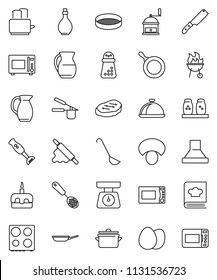 thin line vector icon set - pan vector, oil, scales, cook press, skimmer, ladle, knife, rolling pin, hand mill, toaster, microwave oven, cookbook, spices, blender, bbq, jug, sieve, dish, egg, steak