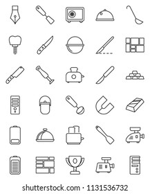 thin line vector icon set - camping cauldron vector, spatula, ladle, knife, toaster, dish, pen, award cup, magnet, gold ingot, safe, consolidated cargo, battery, scalpel, tooth implant, meat grinder