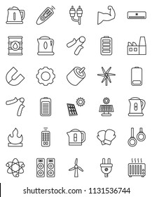 thin line vector icon set - kettle vector, atom, magnet, hand trainer, muscule, boxing glove, gymnast rings, flammable, oil barrel, remote control, battery, rca, gear, solar panel, windmill, factory