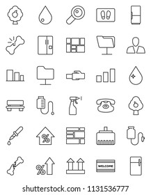 thin line vector icon set - water drop vector, welcome mat, sprayer, percent growth, consolidated cargo, top sign, sorting, classic phone, magnifier, dropper, broken bone, counter, network folder