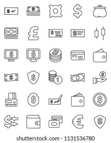 thin line vector icon set - exchange vector, dollar coin, japanese candle, credit card, wallet, cash, investment, stack, check, shield, monitor, any currency, euro sign, pound, money