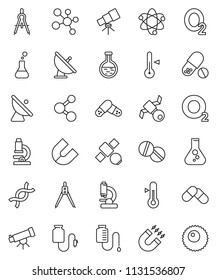 thin line vector icon set - thermometer vector, drawing compass, atom, telescope, microscope, magnet, flask, pills, molecule, oxygen, satellite, antenna, dna, drop counter, ovule