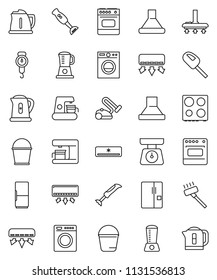 thin line vector icon set - vacuum cleaner vector, bucket, kettle, scales, oven, blender, air conditioner, fridge, washer, coffee maker, hood