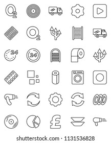 thin line vector icon set - washboard vector, toilet paper, plates, pie graph, pound, oxygen, disk, play button, rec, pills blister, gear, refresh, loading, route arrow, relocation truck, 24 hour