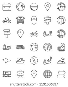 thin line vector icon set - camping cauldron vector, backpack, compass, school bus, world, bike, signpost, navigator, earth, map pin, Railway carriage, plane, ship, route, globe, mountain
