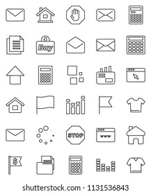 thin line vector icon set - calculator vector, flag, arrow up, dollar, document, equalizer, mail, browser, home, loading, stop, house, buy, clothes