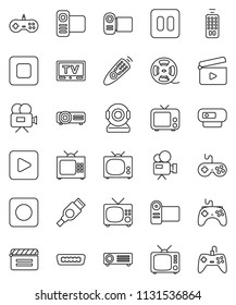 thin line vector icon set - cinema clap vector, film spool, tv, gamepad, video camera, remote control, play button, pause, stop, rec, hdmi, web, projector