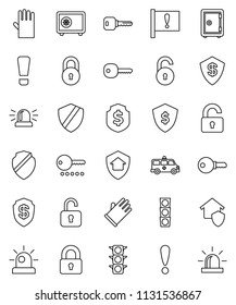 thin line vector icon set - rubber glove vector, dollar shield, safe, attention, traffic light, amkbulance car, lock, unlock, key, sign, siren, home protect, password