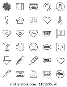 thin line vector icon set - sieve vector, arrow down, heart pulse, prohibition sign, no alcohol, cross, attention, glass, rec button, thermometer, vial, undo, stop, sale signboard, low price, new