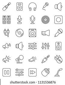 thin line vector icon set - disk vector, music hit, microphone, speaker, loudspeaker, settings, headphones, pause button, forward, rec, rca, jack, equalizer