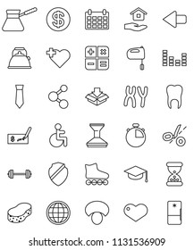 thin line vector icon set - sponge vector, car fetlock, house hold, kettle, turk coffee, mixer, mushroom, graduate hat, check, tie, calendar, barbell, stopwatch, roller Skates, molecule, heart cross