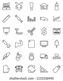 thin line vector icon set - cook glove vector, ladle, cutting board, cereal, pen, corner ruler, school bus, presentation, graph, hierarchy, yen sign, dollar, muscule hand, water bottle, delivery