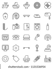thin line vector icon set - sponge vector, sink, water tap, cutting board, monitor dollar, punching bag, skateboard, disk, antenna, tv, remote control, classic phone, patch, gear, fridge, power plug